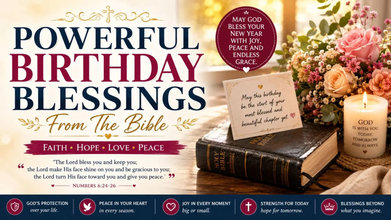 Powerful birthday blessings from the Bible with flowers, candle, Holy Bible, and inspirational Christian message