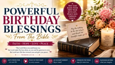 Powerful birthday blessings from the Bible with flowers, candle, Holy Bible, and inspirational Christian message