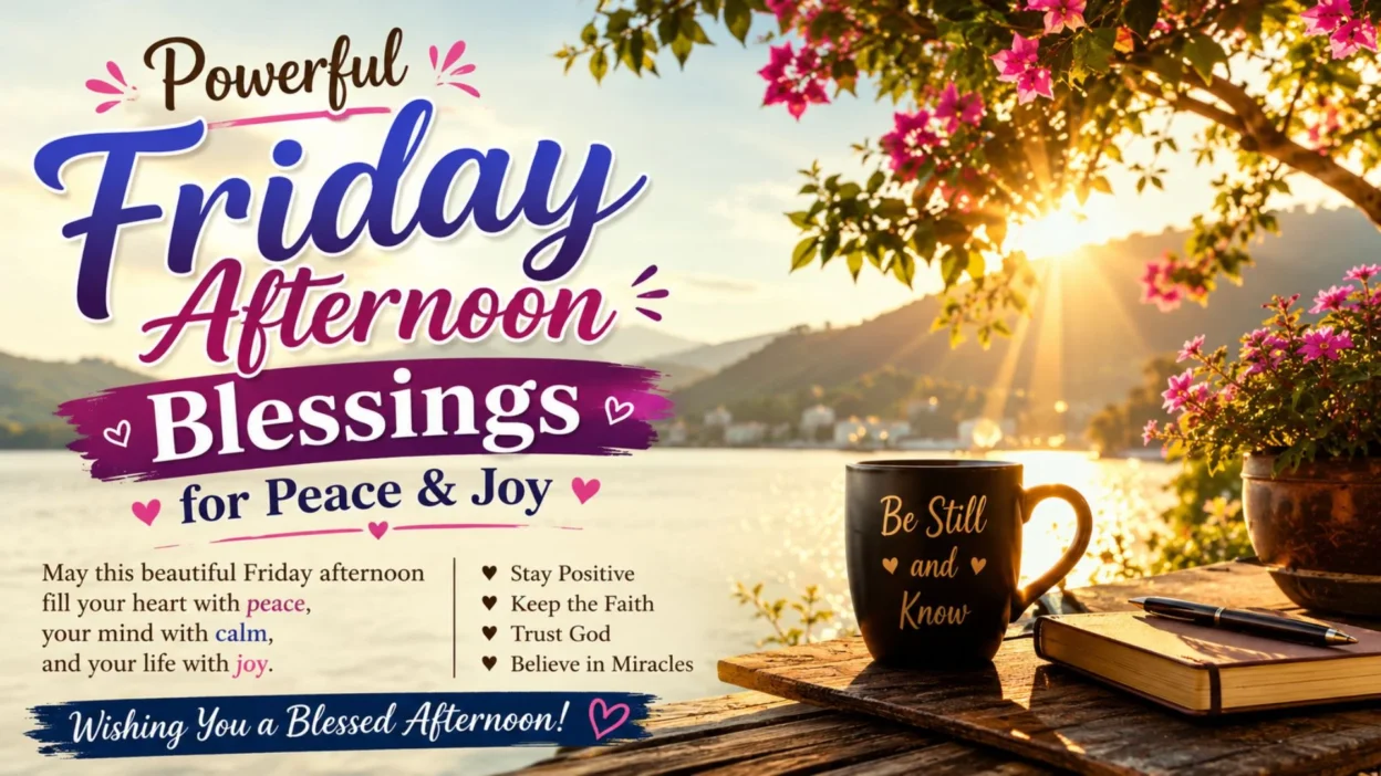 Powerful Friday afternoon blessings image with peaceful lake view, sunlight, flowers, and inspiring spiritual quotes