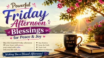 Powerful Friday afternoon blessings image with peaceful lake view, sunlight, flowers, and inspiring spiritual quotes