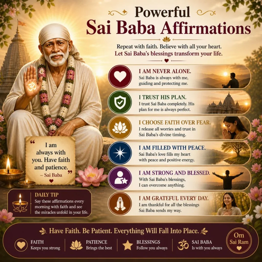 Sai Baba affirmations image with peaceful temple background, spiritual quotes and messages of faith strength and inner calm