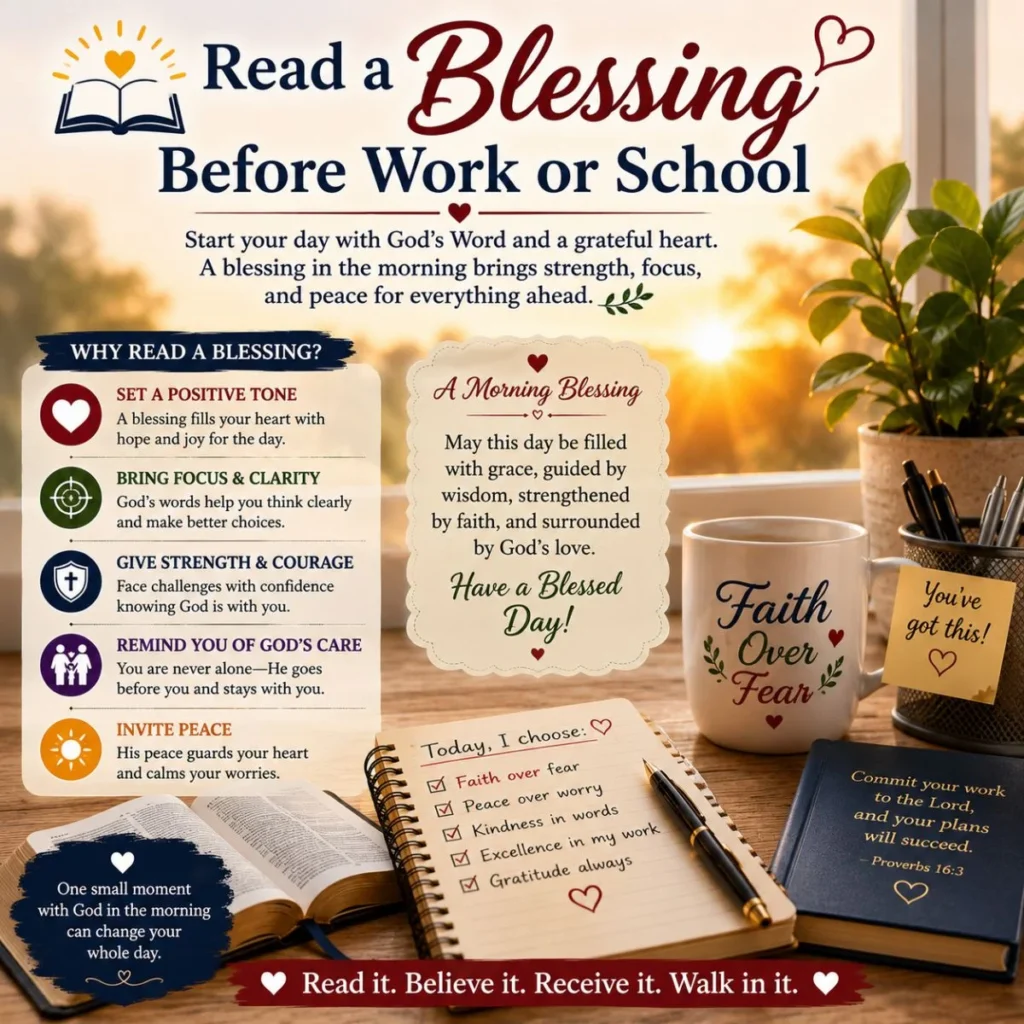 Read a blessing before work or school with sunrise, Bible, faith mug, notebook, and peaceful morning prayer