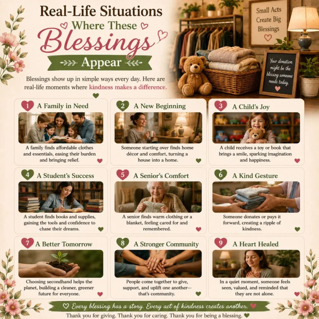 Real-life blessings thrift store moments showing family help, student support, kindness, and community care