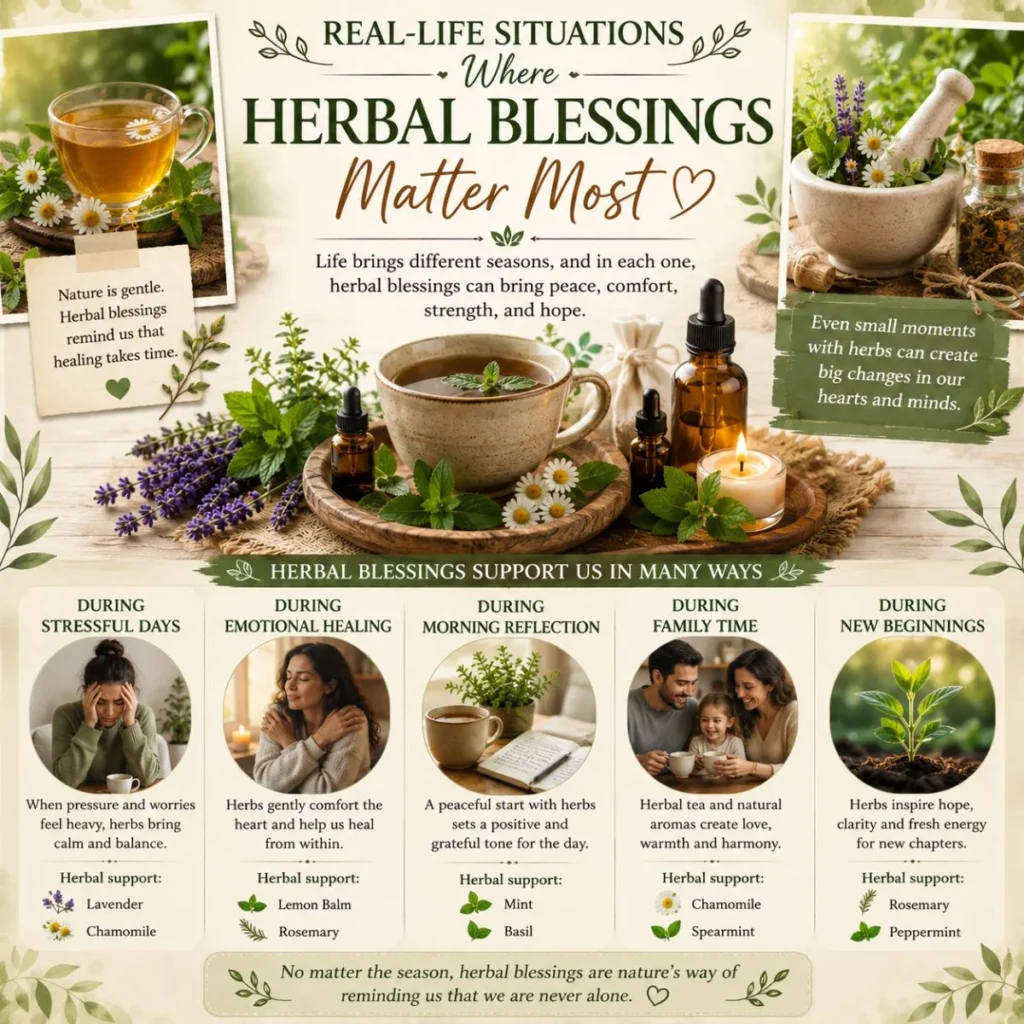Herbal blessings for stressful days, healing, family time, morning reflection, and new beginnings