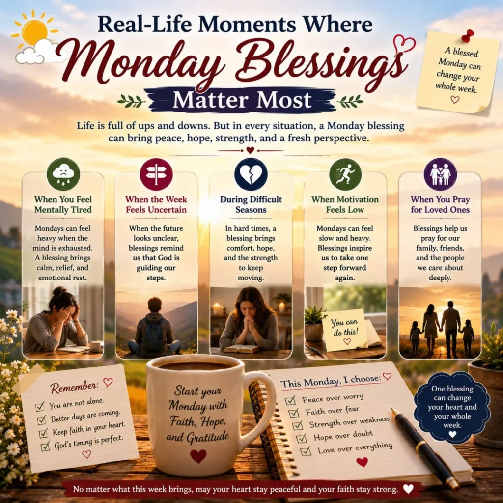 Real-life Monday blessings moments with sunrise, faith mug, family prayer, hope, and peaceful weekly reminders