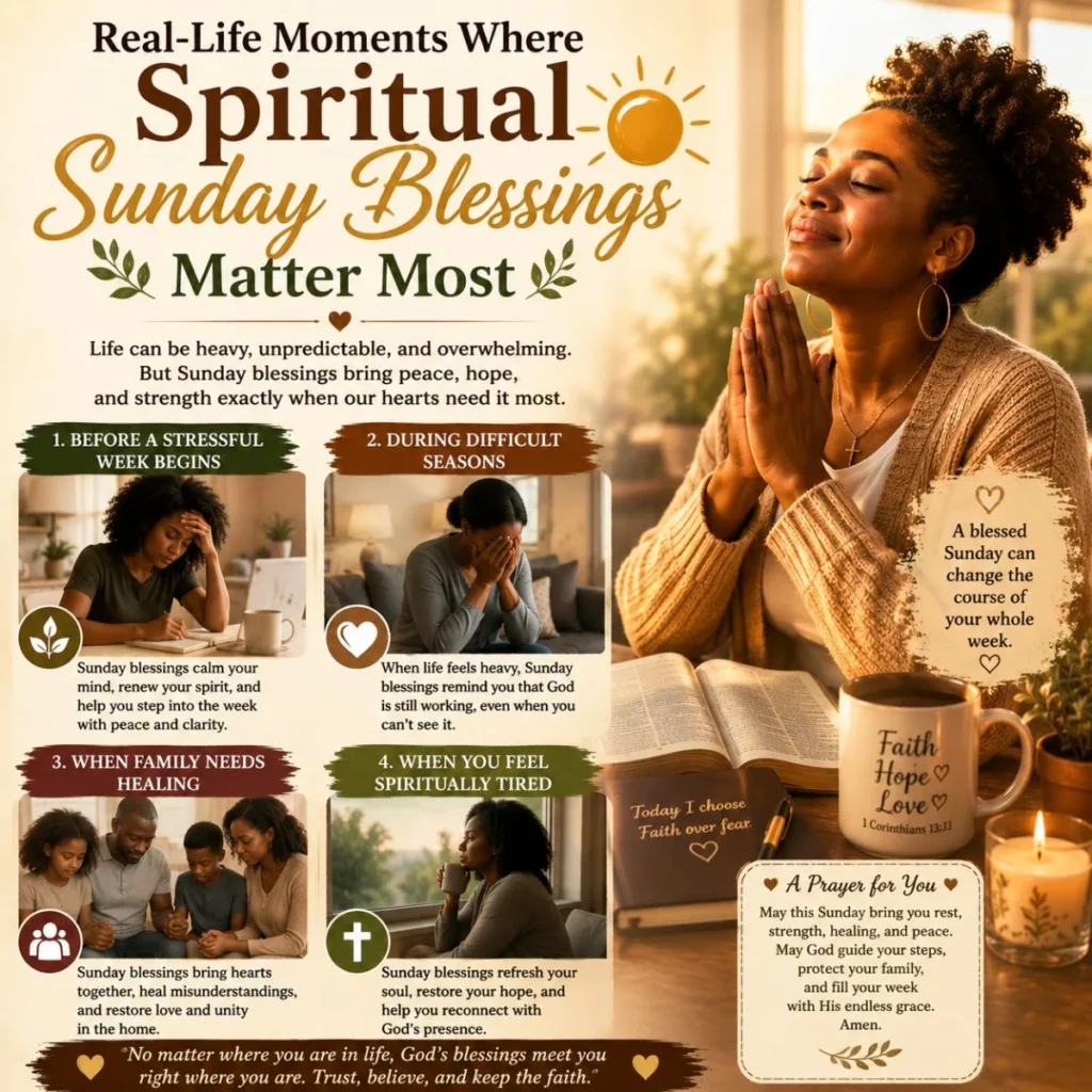 Real-life spiritual Sunday blessings with praying woman, Bible, family healing, candle, and peaceful faith message