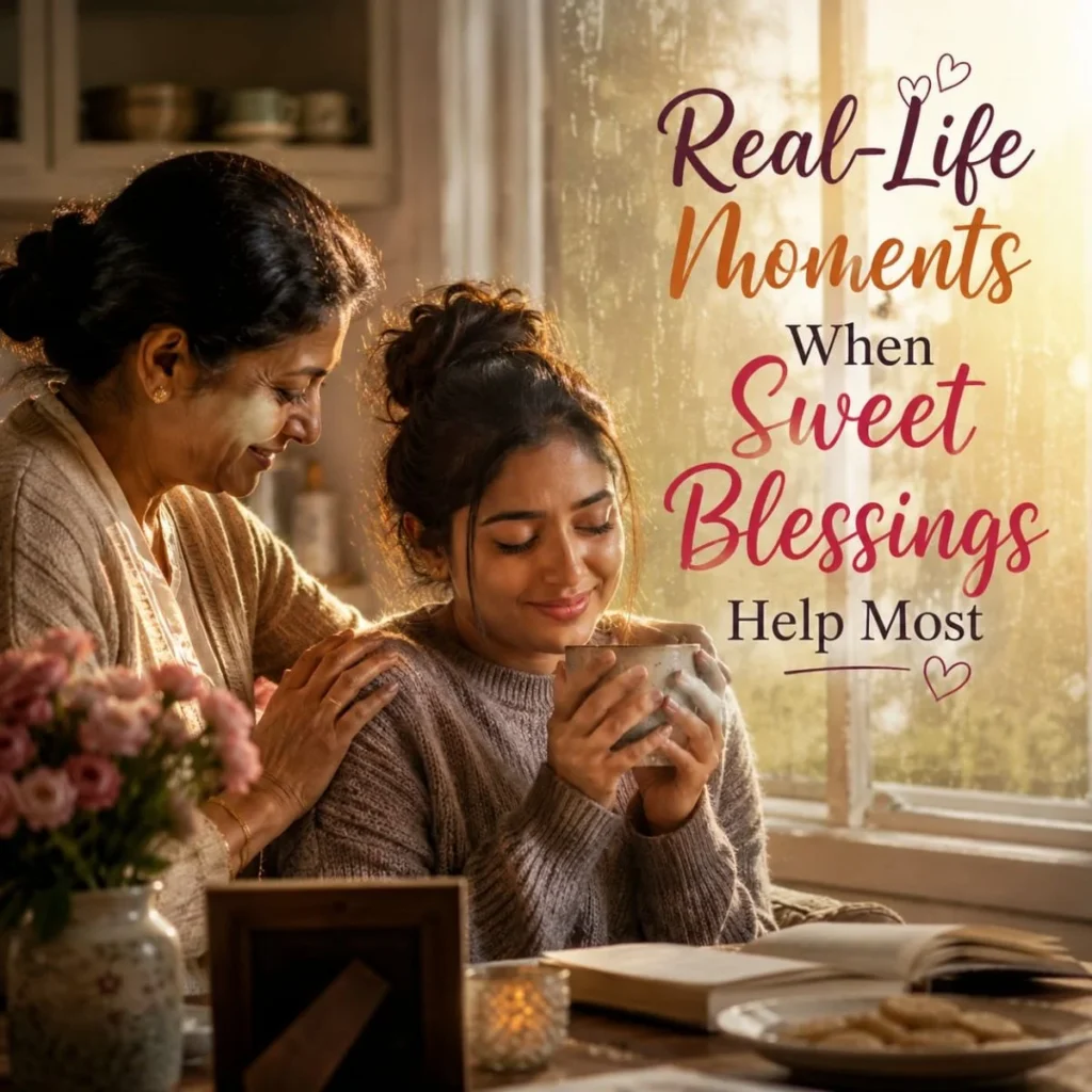 Mother comforting a young woman with tea by a rainy window, showing sweet blessings and emotional support
