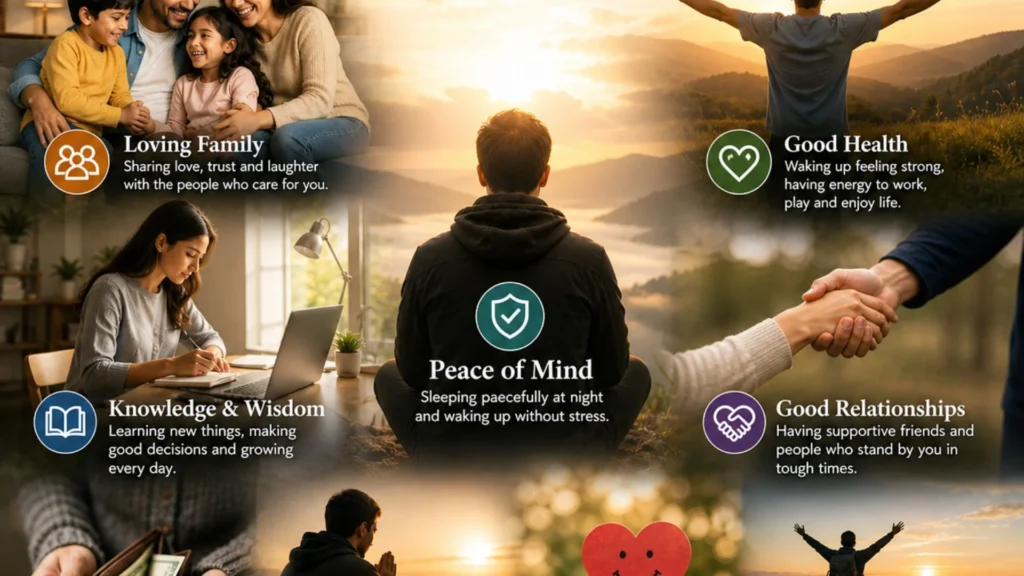 Real-life blessings poster showing family, health, peace, gratitude, happiness, wisdom and purpose