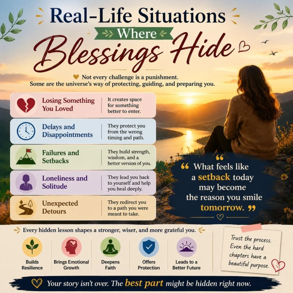 Real-life situations where blessings hide inspirational graphic with sunset and emotional healing messages