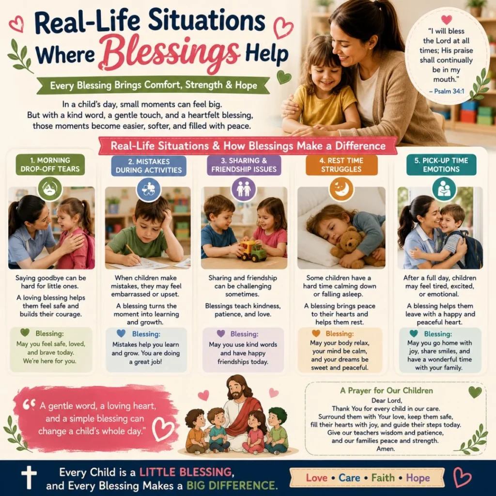 Real-life child care blessings poster showing drop-off tears, mistakes, friendship, rest time, and prayers