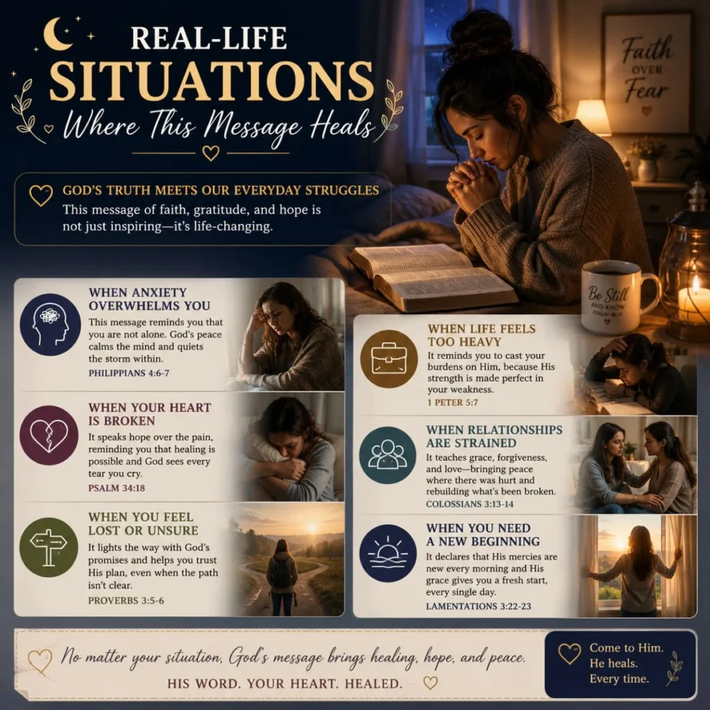 Christian healing message image with woman praying at night beside Bible and candlelight