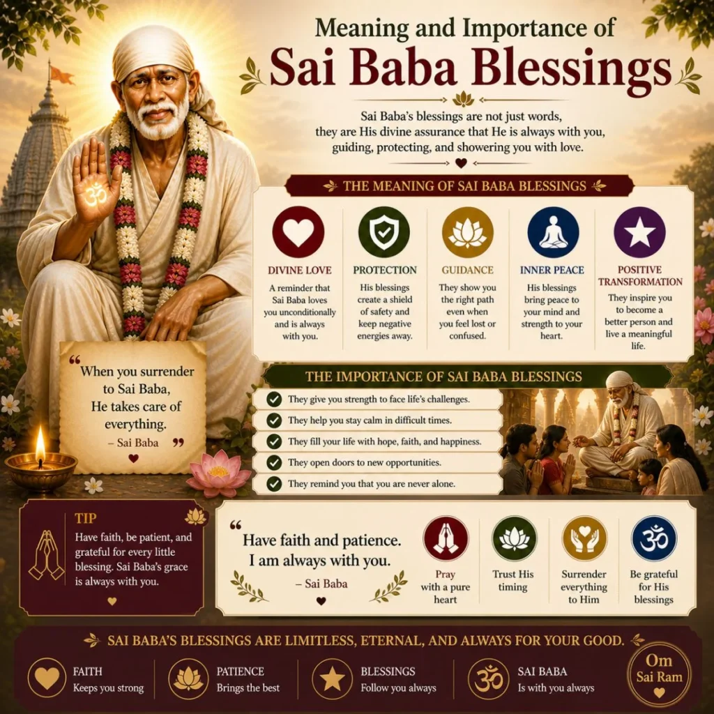 Sai Baba blessings meaning and importance image with temple, diya, and messages of love, protection, and guidance