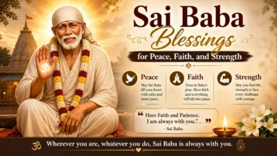Sai Baba blessings image with temple, diya, flowers, and quote on peace faith and strength at sunrise