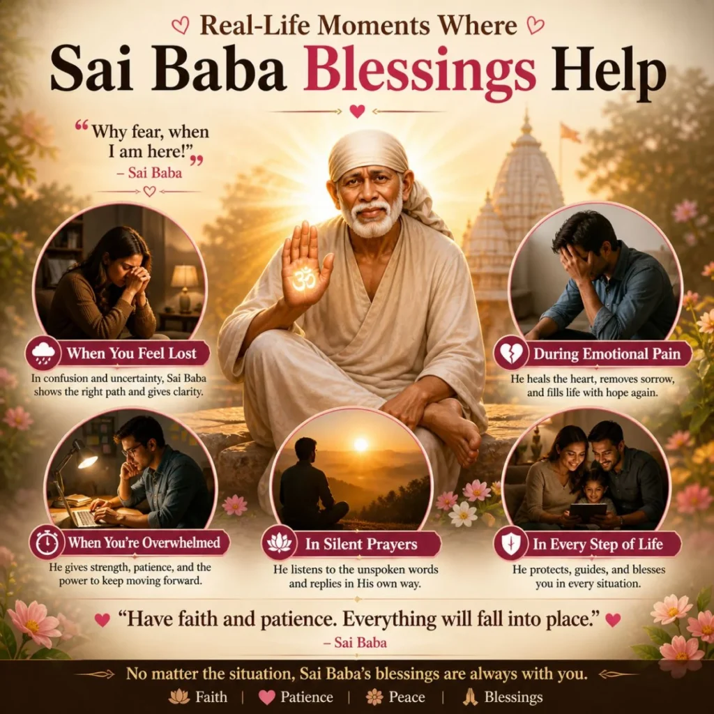 Sai Baba blessings image showing real-life moments of prayer, pain, and hope with temple sunrise background