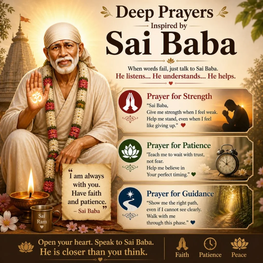 Sai Baba deep prayers image with temple, diya, and messages for strength patience and guidance