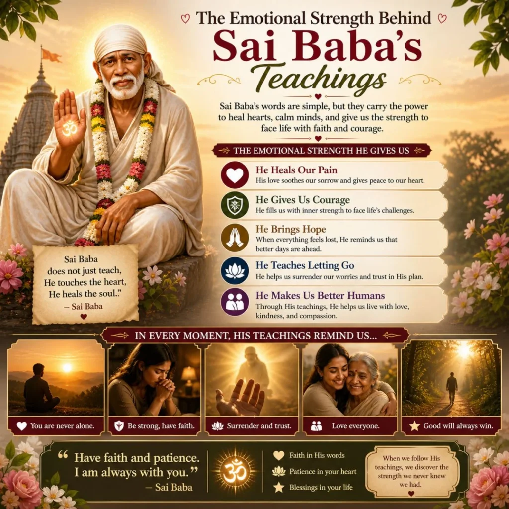 Sai Baba teachings image showing emotional strength, healing, faith, hope, and guidance with temple and sunrise background