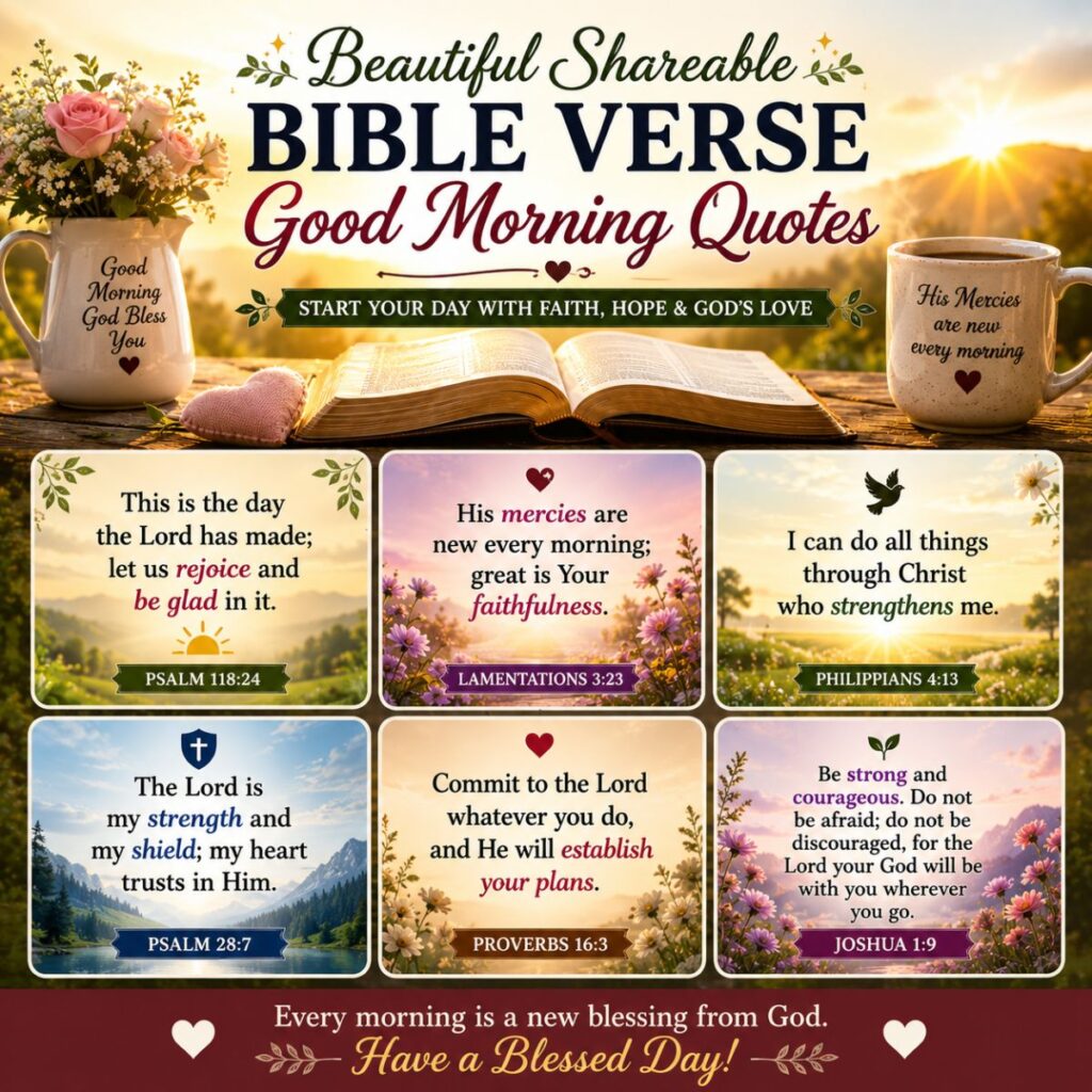 Shareable Bible verse good morning quotes with sunrise, open Bible, flowers, coffee, and faith scriptures