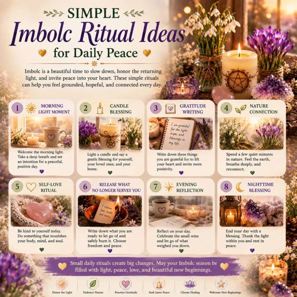 Simple Imbolc ritual ideas with candles, flowers, journaling, crystals, and peaceful daily blessings