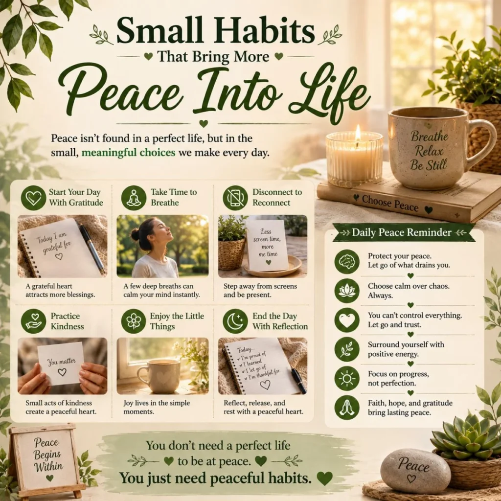 Small habits that bring more peace into life poster with gratitude, mindfulness, calming self-care, and wellness tips