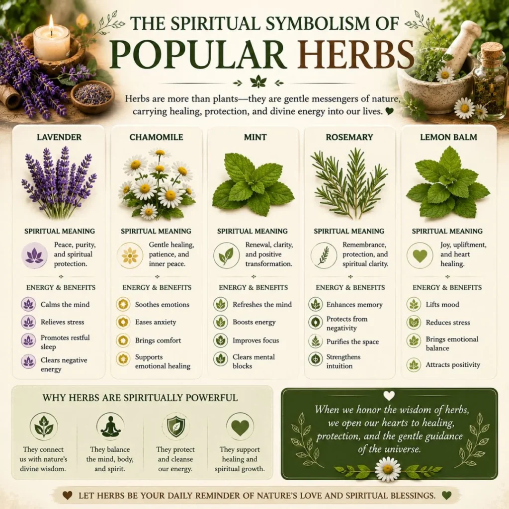Spiritual symbolism of popular herbs with lavender, chamomile, mint, rosemary, and lemon balm