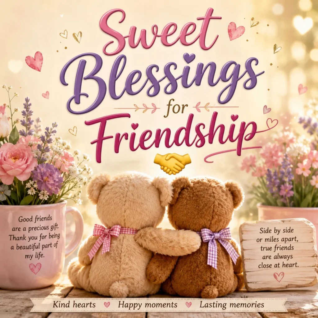 Sweet blessings for friendship image with hugging teddy bears, flowers, hearts, and heartfelt friendship quotes