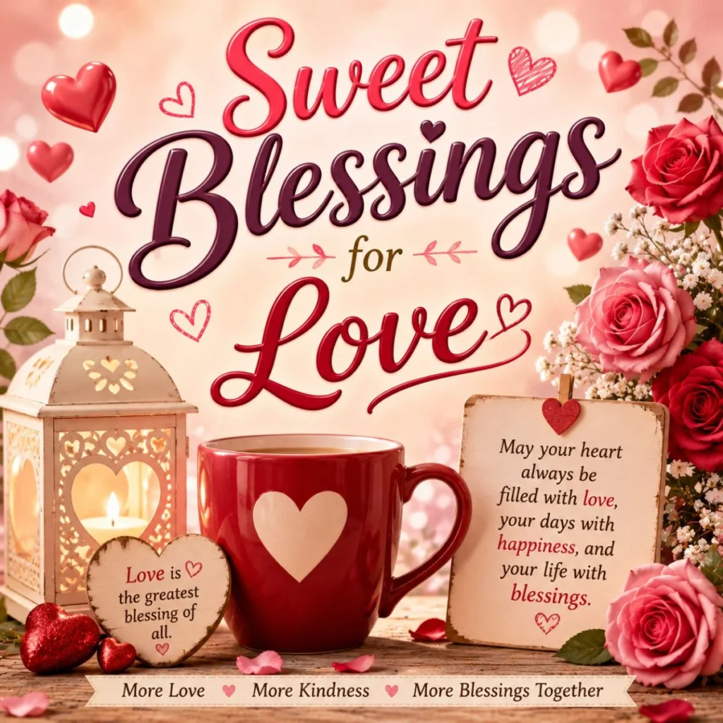 Sweet blessings for love image with roses, heart mug, lantern, and romantic blessing quotes