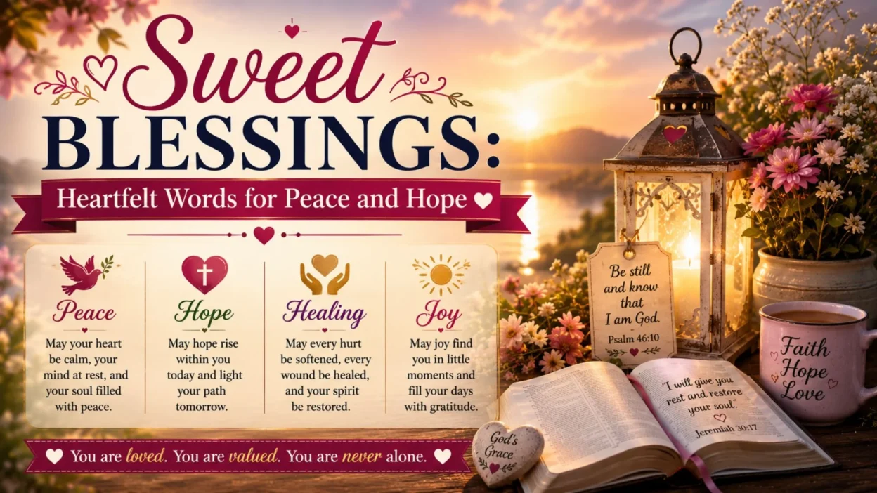 Sweet blessings heartfelt words for peace and hope image with lantern, Bible, flowers, and inspirational blessing quotes
