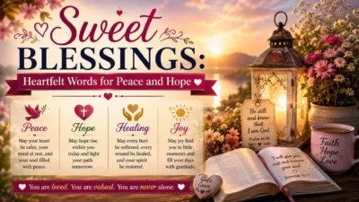 Sweet blessings heartfelt words for peace and hope image with lantern, Bible, flowers, and inspirational blessing quotes