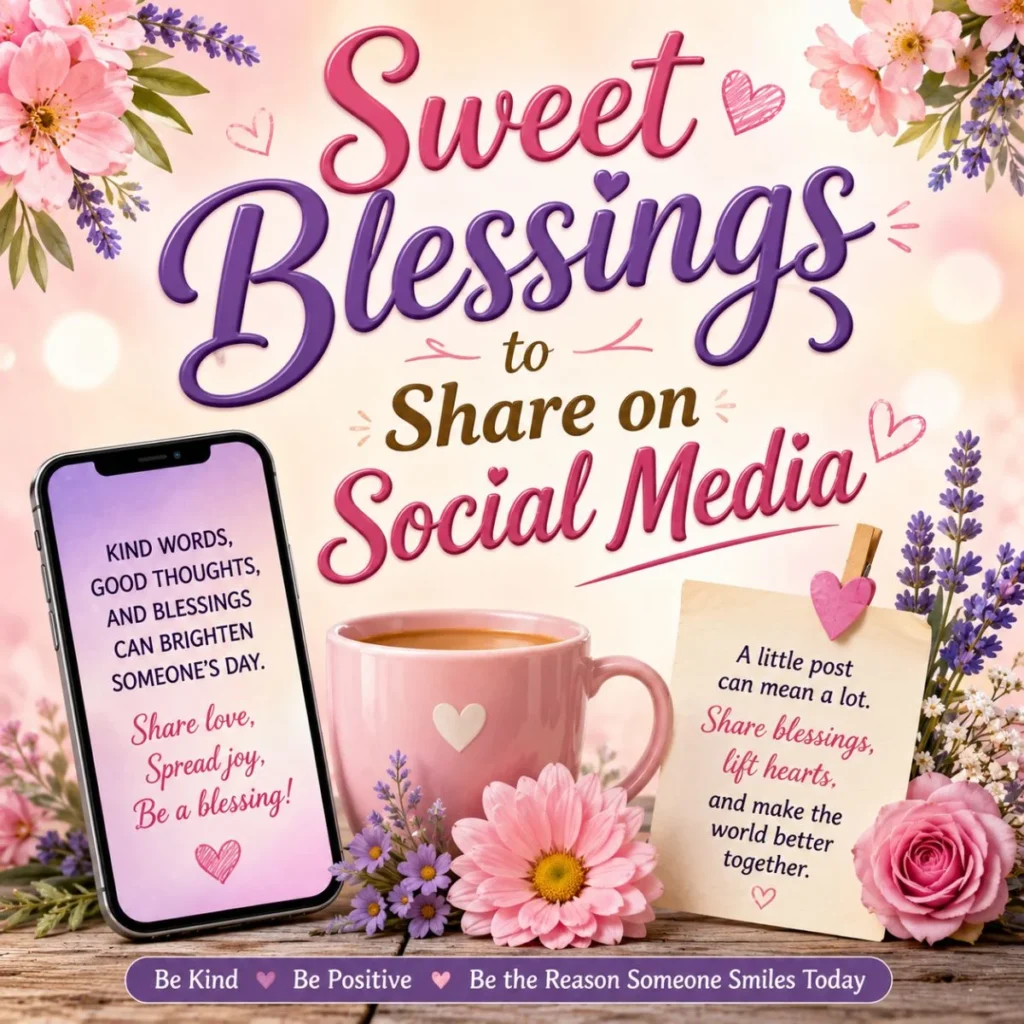 Sweet blessings social media image with flowers, smartphone, coffee mug, and uplifting kindness quotes