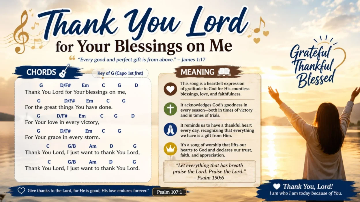 Thank You Lord for Your Blessings on Me chords and meaning worship poster with thankful Christian sunrise scene
