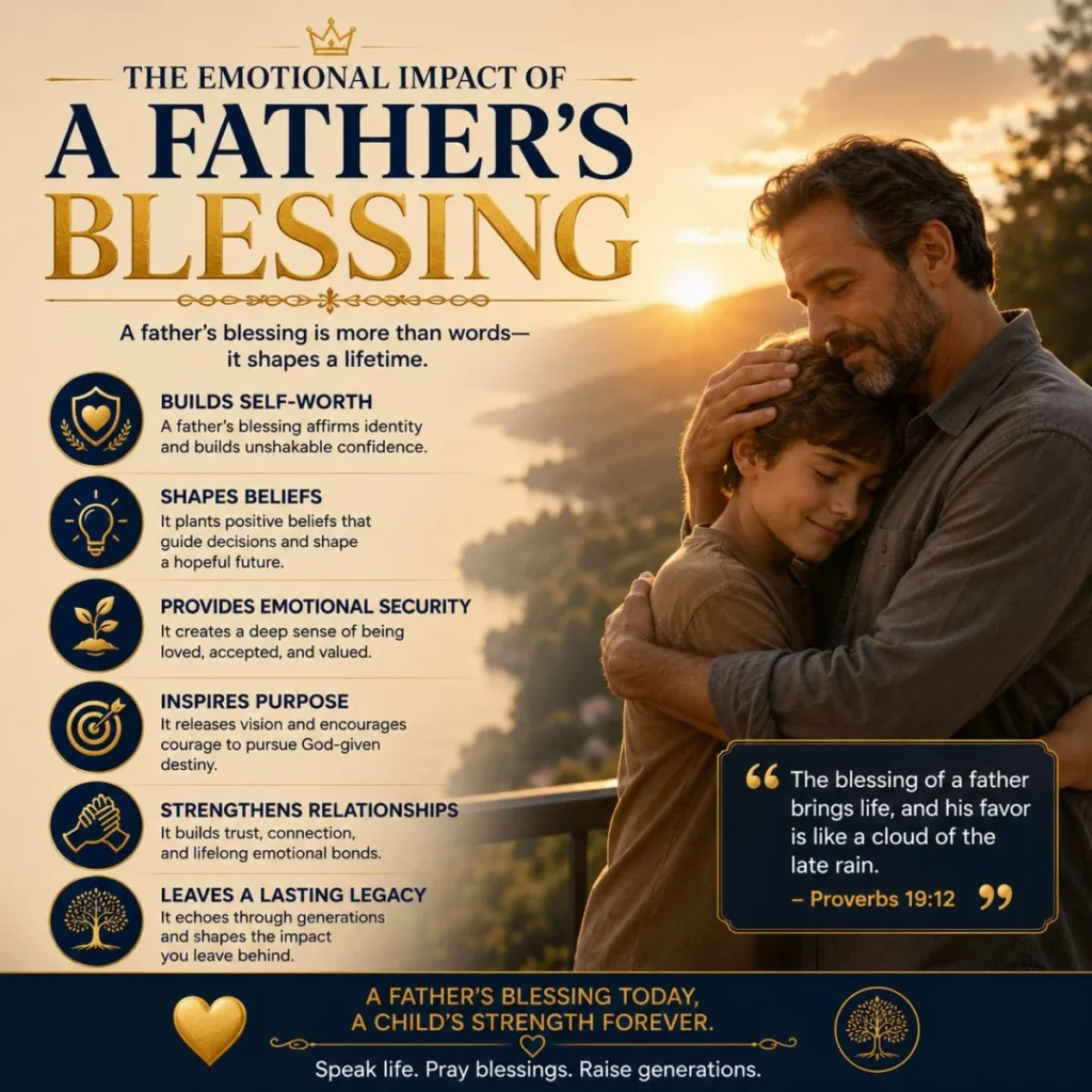 Inspirational Christian father and son embrace showing the emotional impact of a father’s blessing