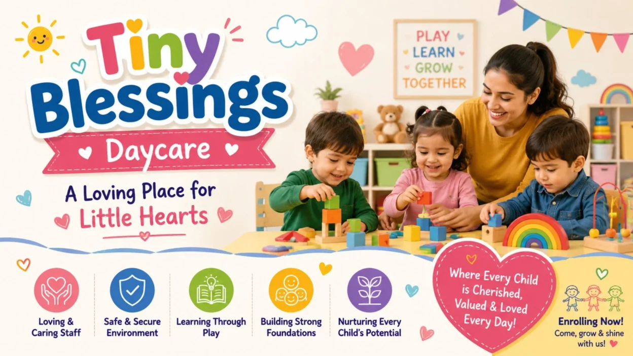 Happy children playing with a caring teacher at Tiny Blessings Daycare in a safe and loving learning environment