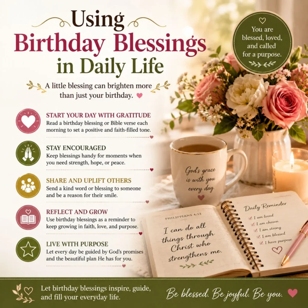 Using birthday blessings in daily life with Bible verse, flowers, candle, and inspirational Christian encouragement