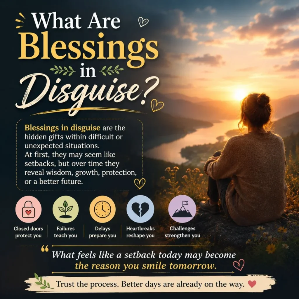 What are blessings in disguise inspirational quote graphic with sunset landscape and peaceful spiritual message