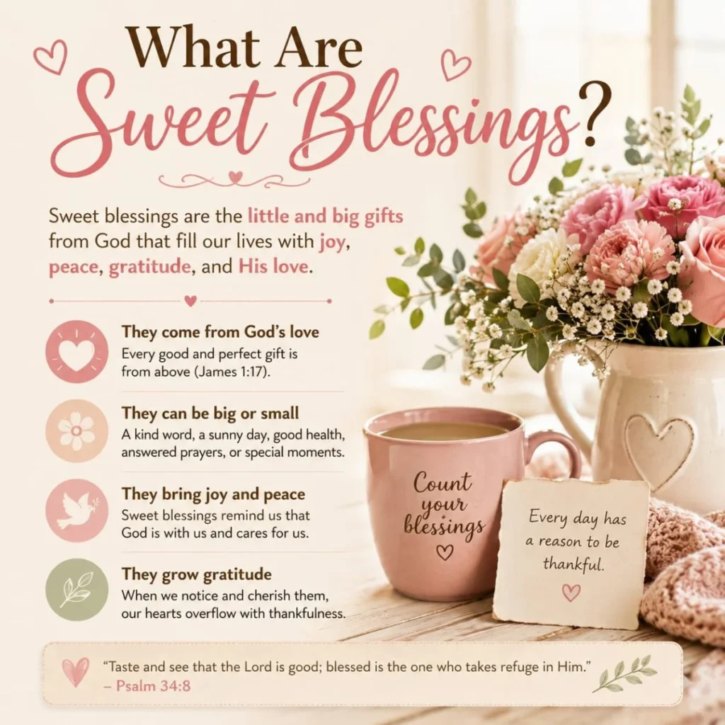 What Are Sweet Blessings pastel floral Christian inspiration graphic with Bible verse and gratitude message
