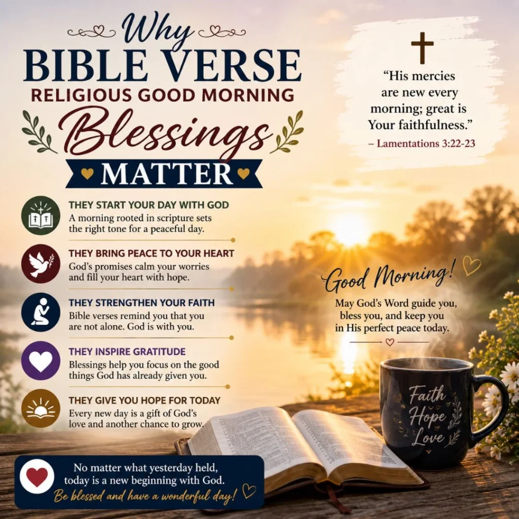 Why bible verse religious good morning blessings matter image with sunrise, open Bible, coffee mug, and scripture quotes