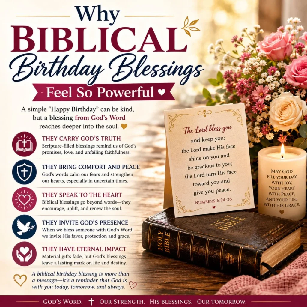 Christian birthday blessings infographic with Bible, candle, flowers, and inspirational faith-filled birthday message