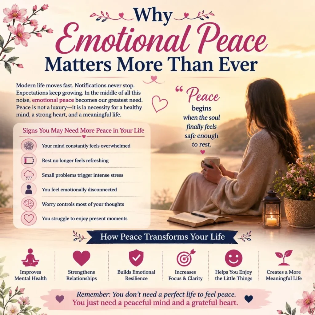 Emotional peace inspirational poster with calming sunset, mental wellness quotes, and peaceful self-care reminders