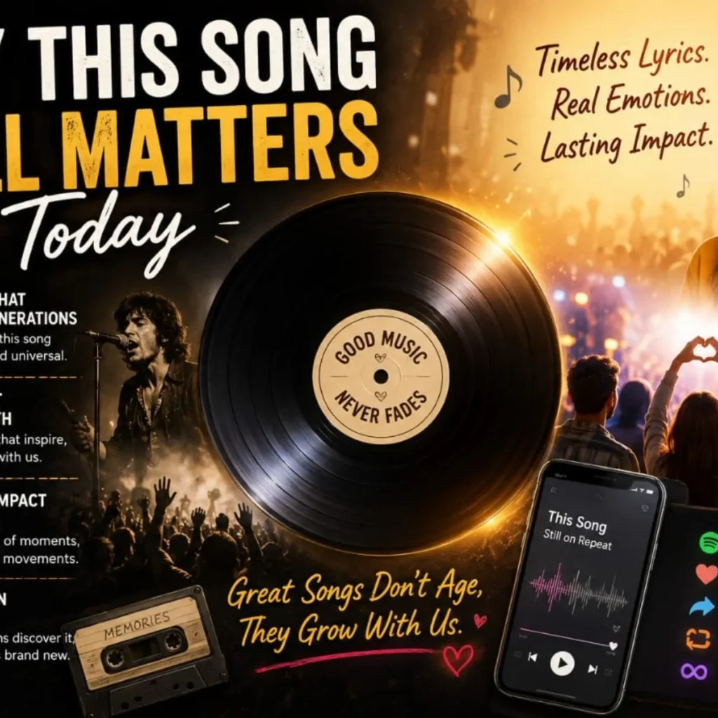 Why this song still matters today image with vinyl record, concert crowd, headphones, and timeless music message