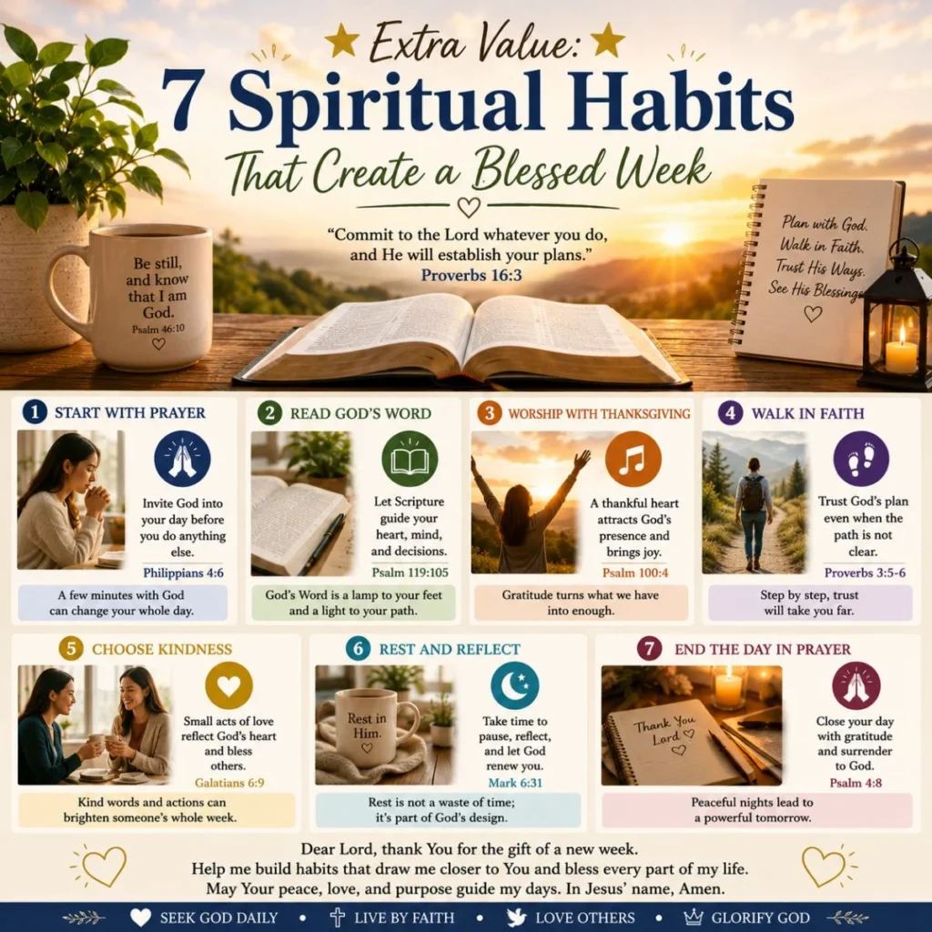 7 spiritual habits for a blessed week infographic with prayer, Bible study, gratitude, faith, and Christian encouragement.