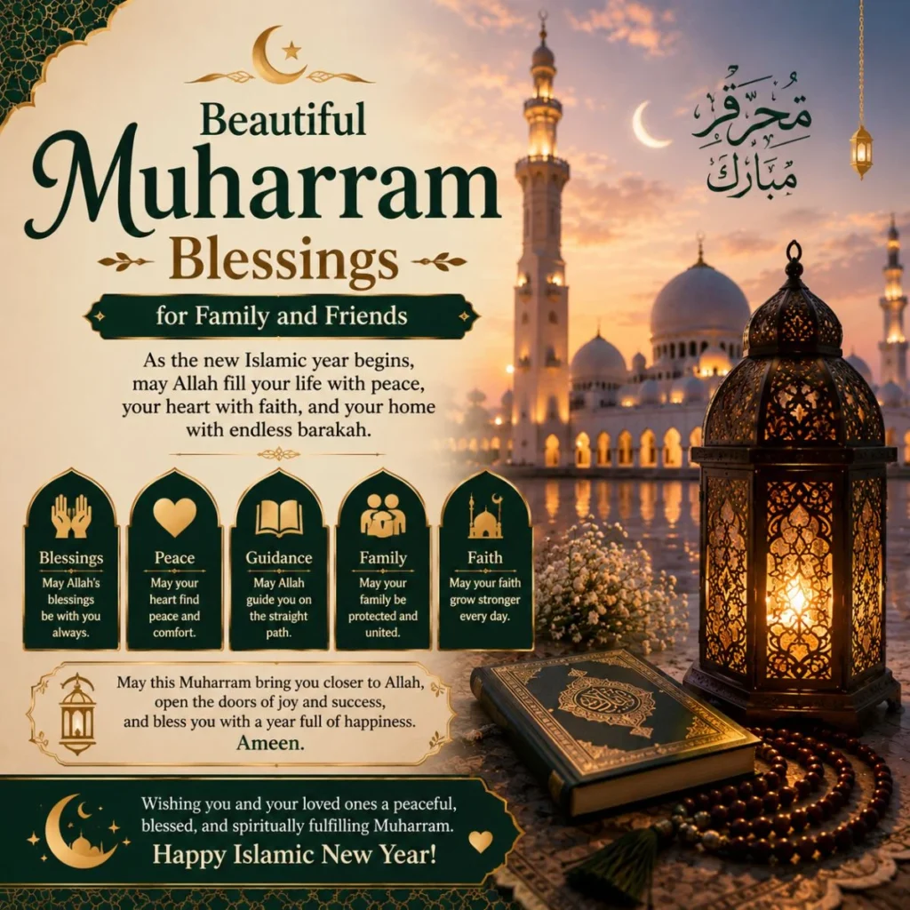 Beautiful Muharram blessings for family and friends with mosque, Quran, lantern, and Islamic New Year wishes