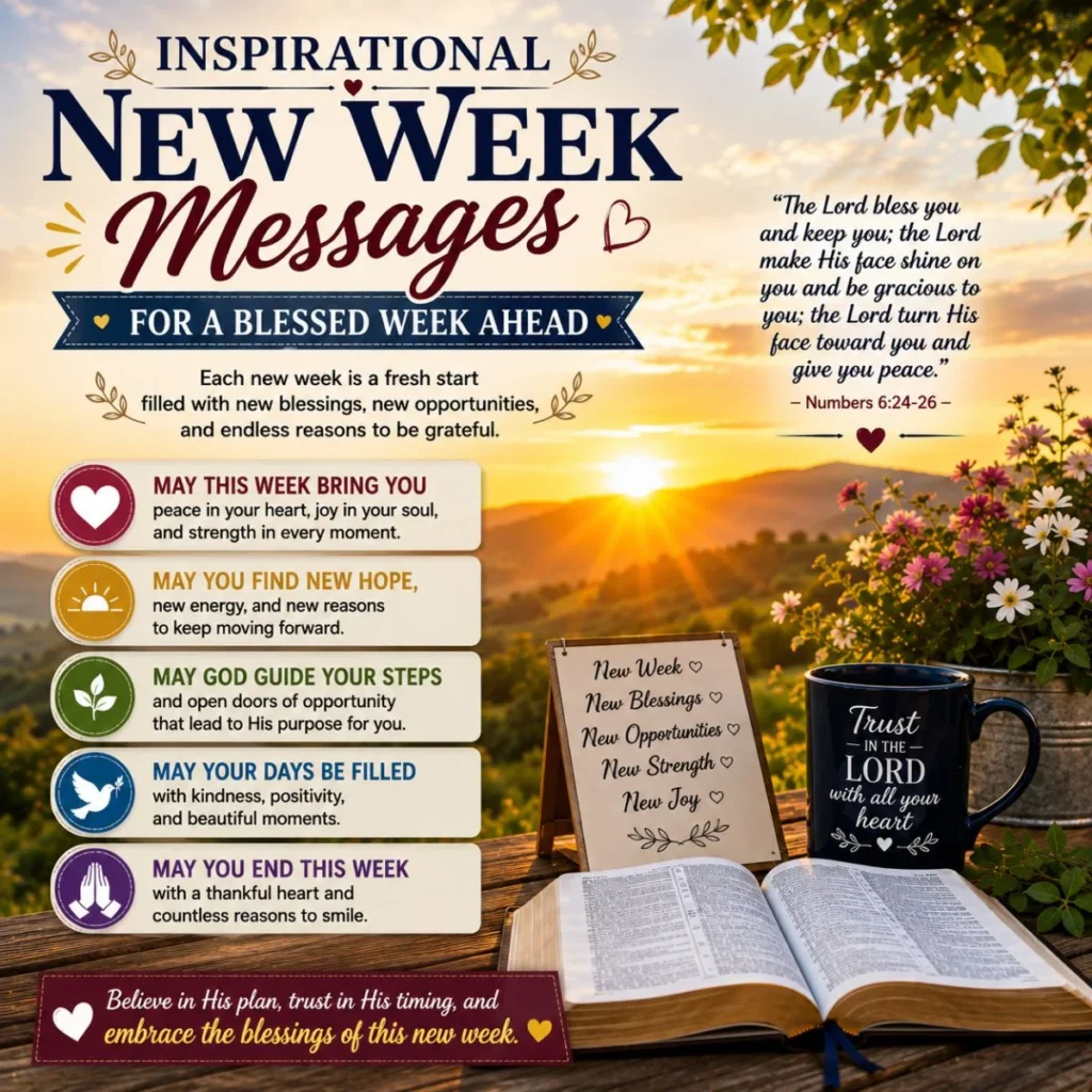 nspirational New Week Messages for a Blessed Week Ahead with sunrise, Bible, faith quotes, and hope-filled blessings