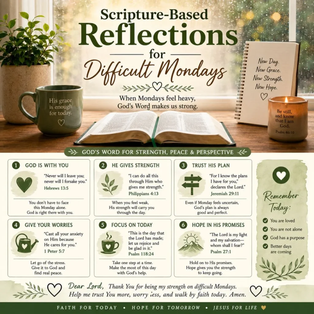 Scripture-based reflections for difficult Mondays with Bible verses, prayer, hope, strength, and faith encouragement.