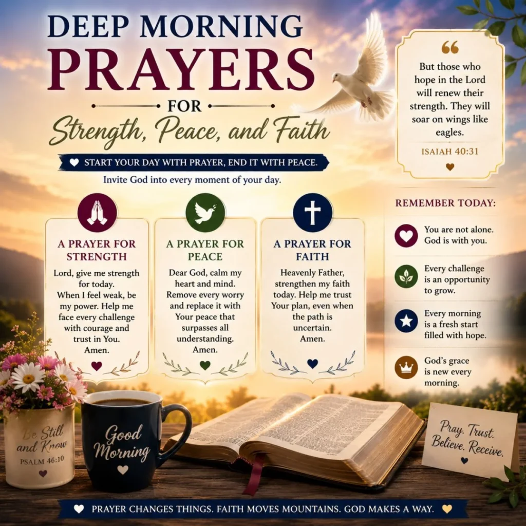 Deep morning prayers for strength, peace, and faith with Bible, sunrise, dove, and inspirational scripture