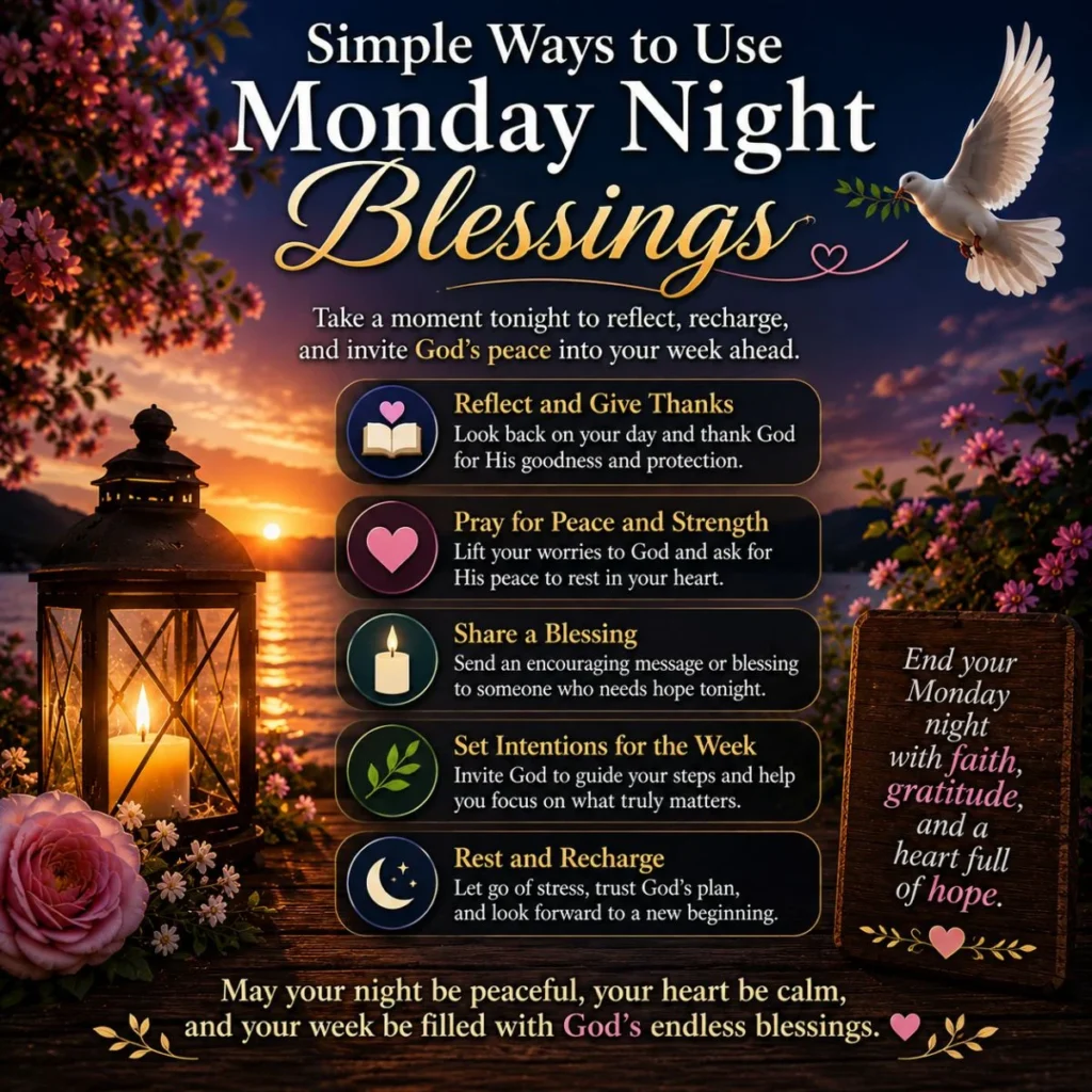 Simple ways to use Monday night blessings with sunset lake, lantern, dove, and faith-filled weekly inspiration