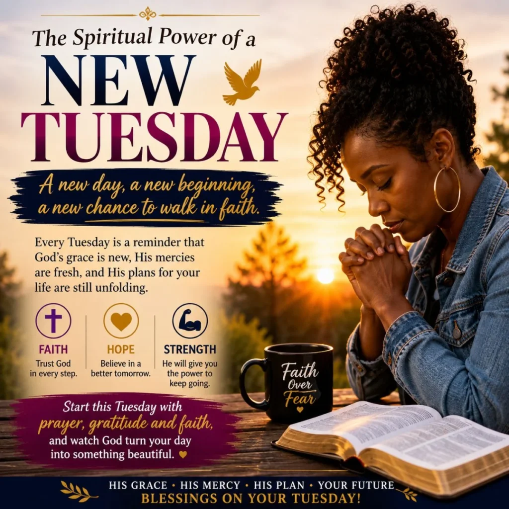 The Spiritual Power of a New Tuesday image with praying woman, sunrise, Bible, faith, hope, and strength.