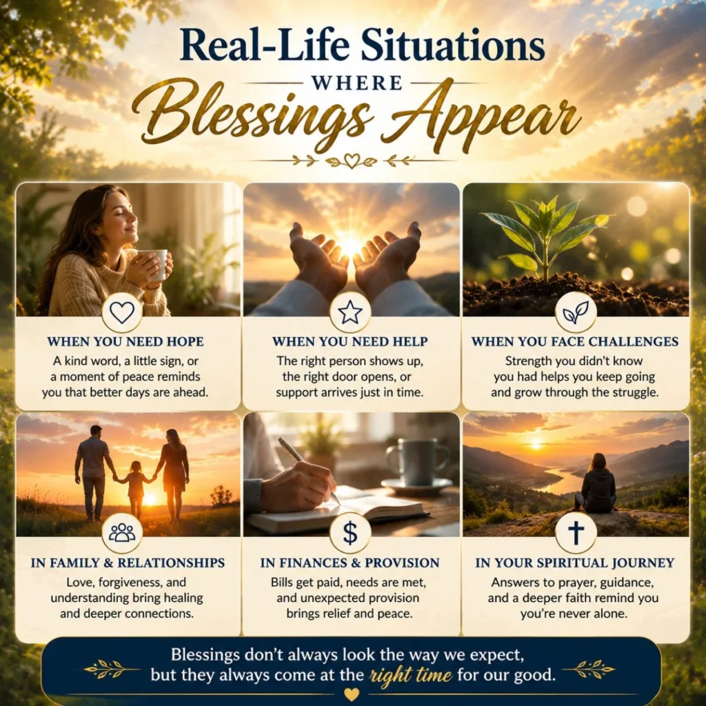 Christian infographic showing real-life situations where blessings appear through hope, provision, family, and faith
