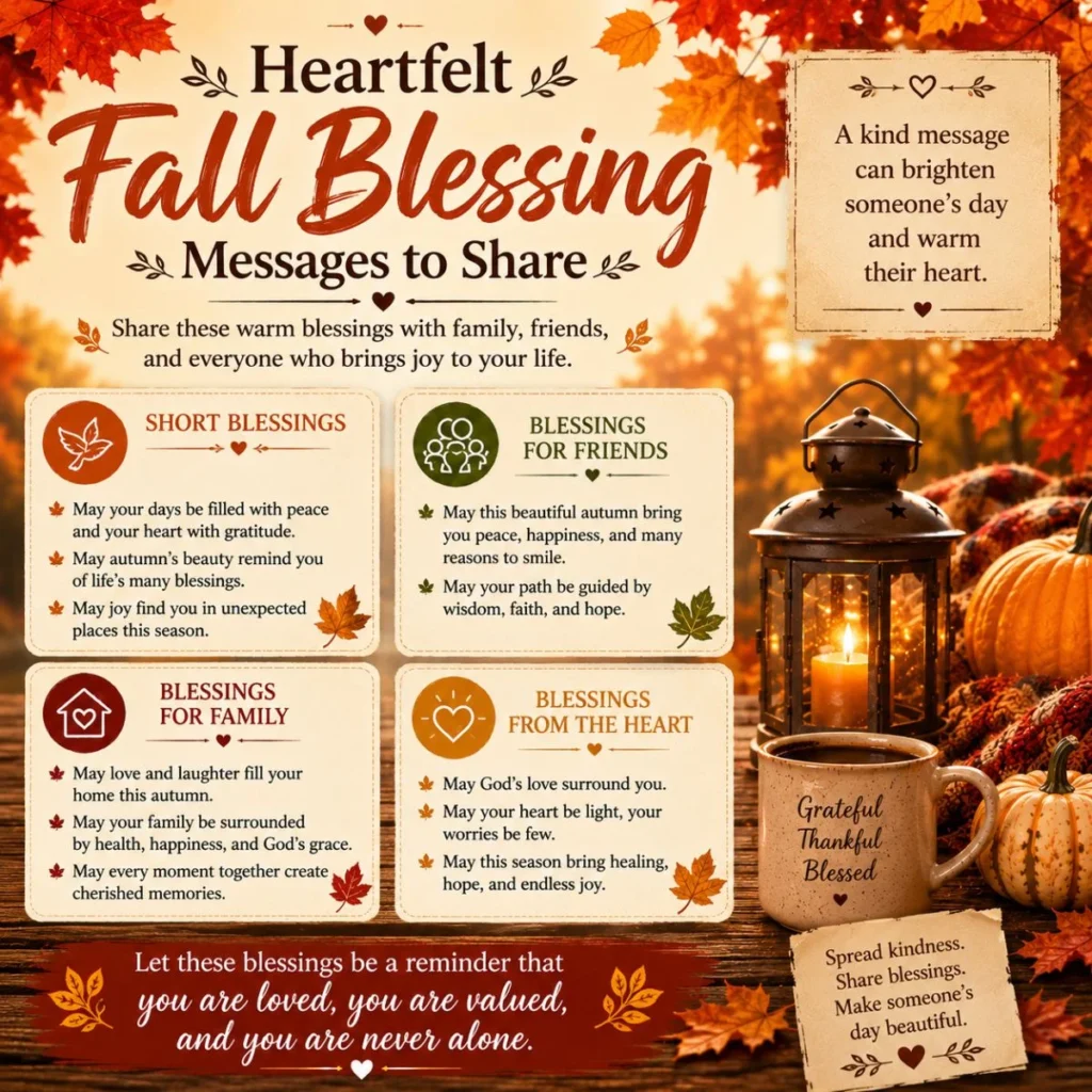 Heartfelt fall blessing messages to share with family and friends surrounded by autumn leaves and cozy decor