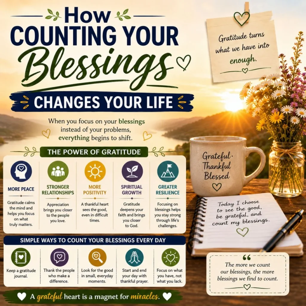 How counting your blessings changes your life infographic with gratitude journal, sunrise, coffee mug, and positivity tips