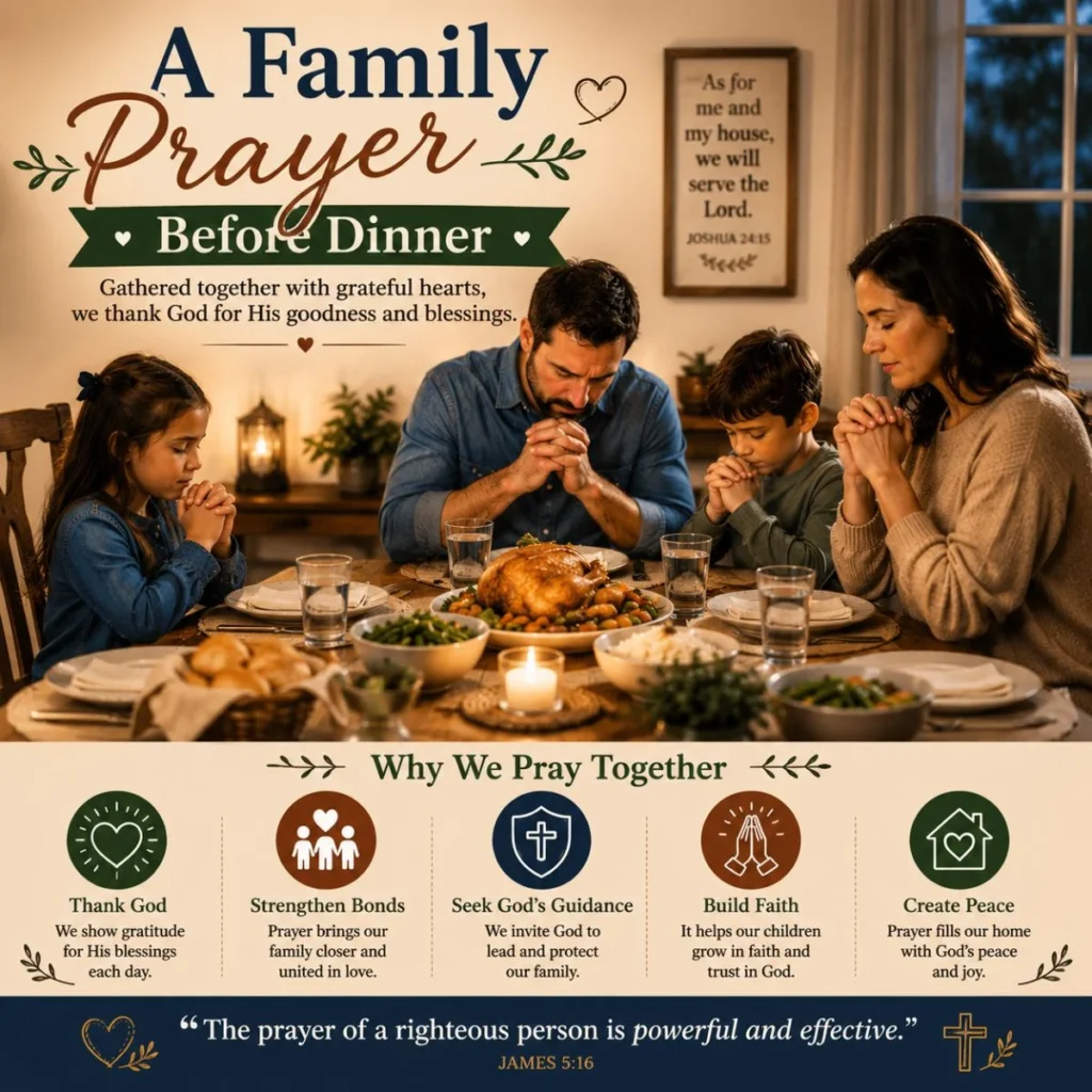 Family praying together before dinner at a cozy table with a heartfelt message about faith and gratitude